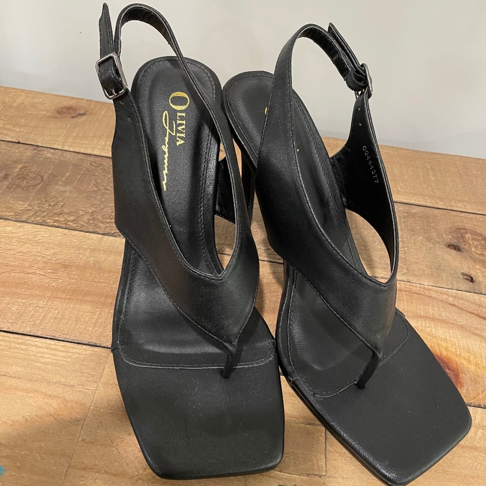 Black square toe thong heels